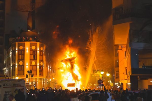 A burning Falla of El Puerto in Denia 2023, Valencia, Spain