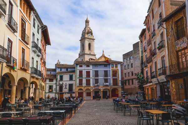 Plaza del Mercado and the tower of Collegiate Basilica of Xàtiva in Valencia, Spain